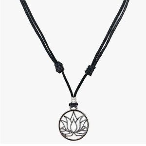 New Lotus Flower Silver Pendant Necklace with Black Adjustable Cord